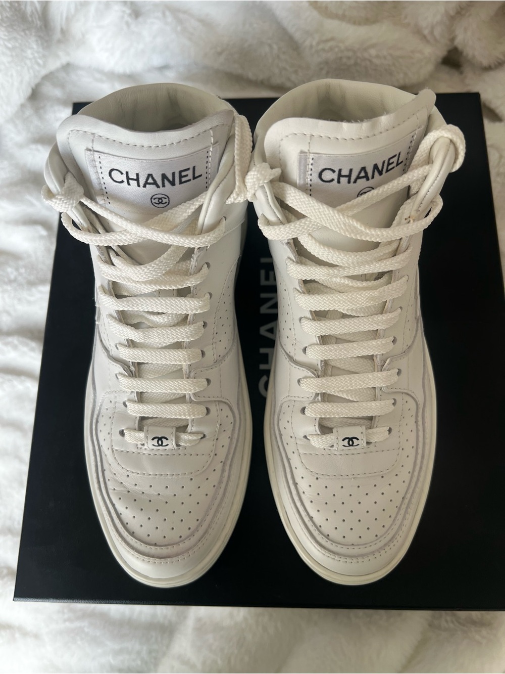 CHANEL White High-Top Leather Sneakers
